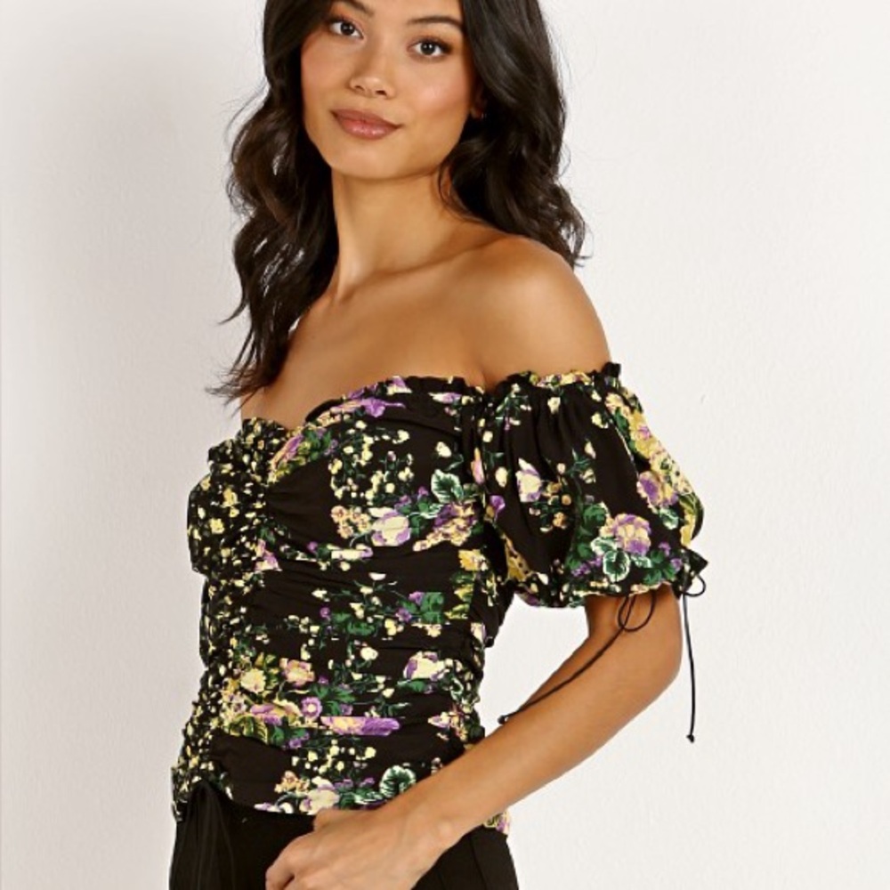 For Love And Lemons Black Ruched Puff Eileen Off the Shoulder Top